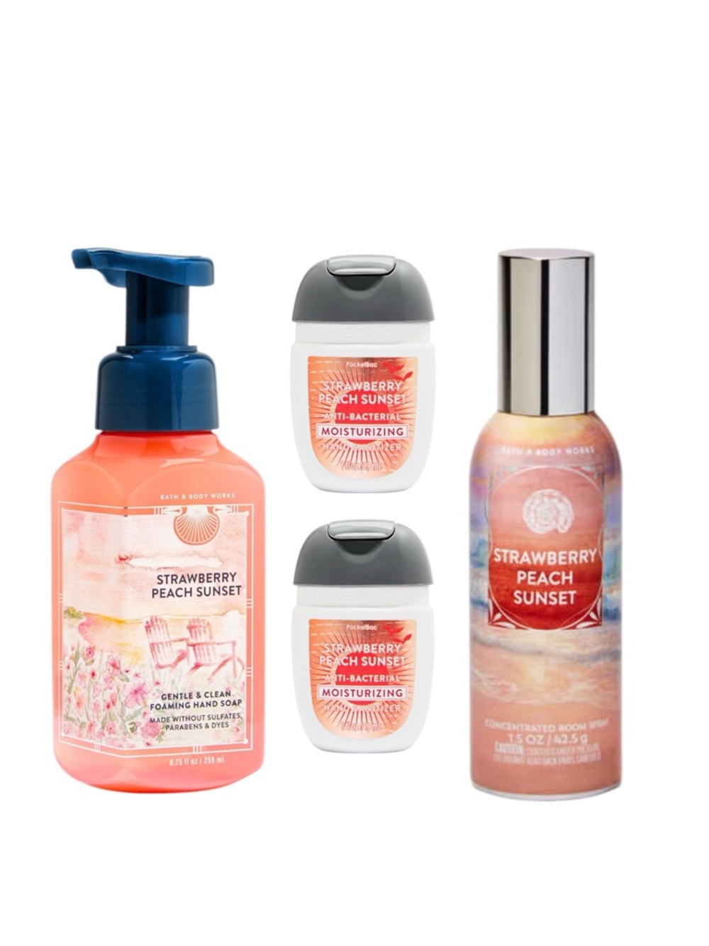 STRAWBERRY PEACH SUNSET 4PC Bath & Body Works Room Spray, Soap, PocketBac Bundle